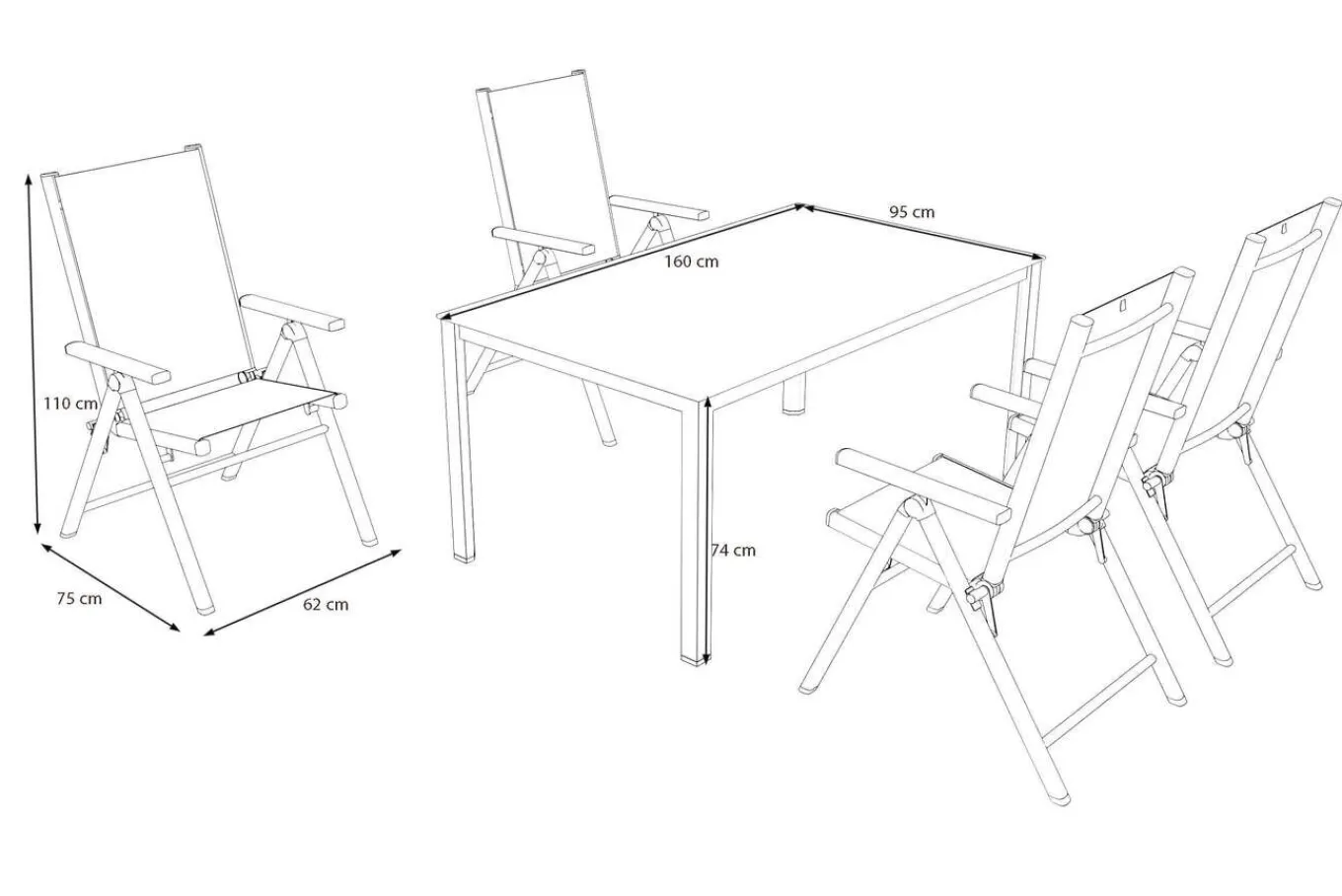 Clearance BasicPlus Pro Garten-Essgruppe, anthrazit/silber, Alu/Textilene, 160 x 95 cm, 4 Klappstühle Garten-Essgruppen