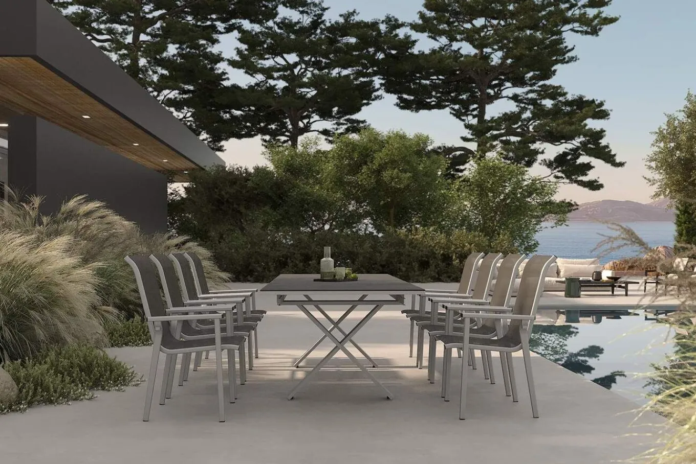 Sale BasicPlus Pro Garten-Essgruppe, silber/anthrazit, Alu/Textilene, ausziehbarer Tisch 180/280 x 100 cm, 8 Stapelsessel Garten-Essgruppen