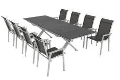 Sale BasicPlus Pro Garten-Essgruppe, silber/anthrazit, Alu/Textilene, ausziehbarer Tisch 180/280 x 100 cm, 8 Stapelsessel Garten-Essgruppen
