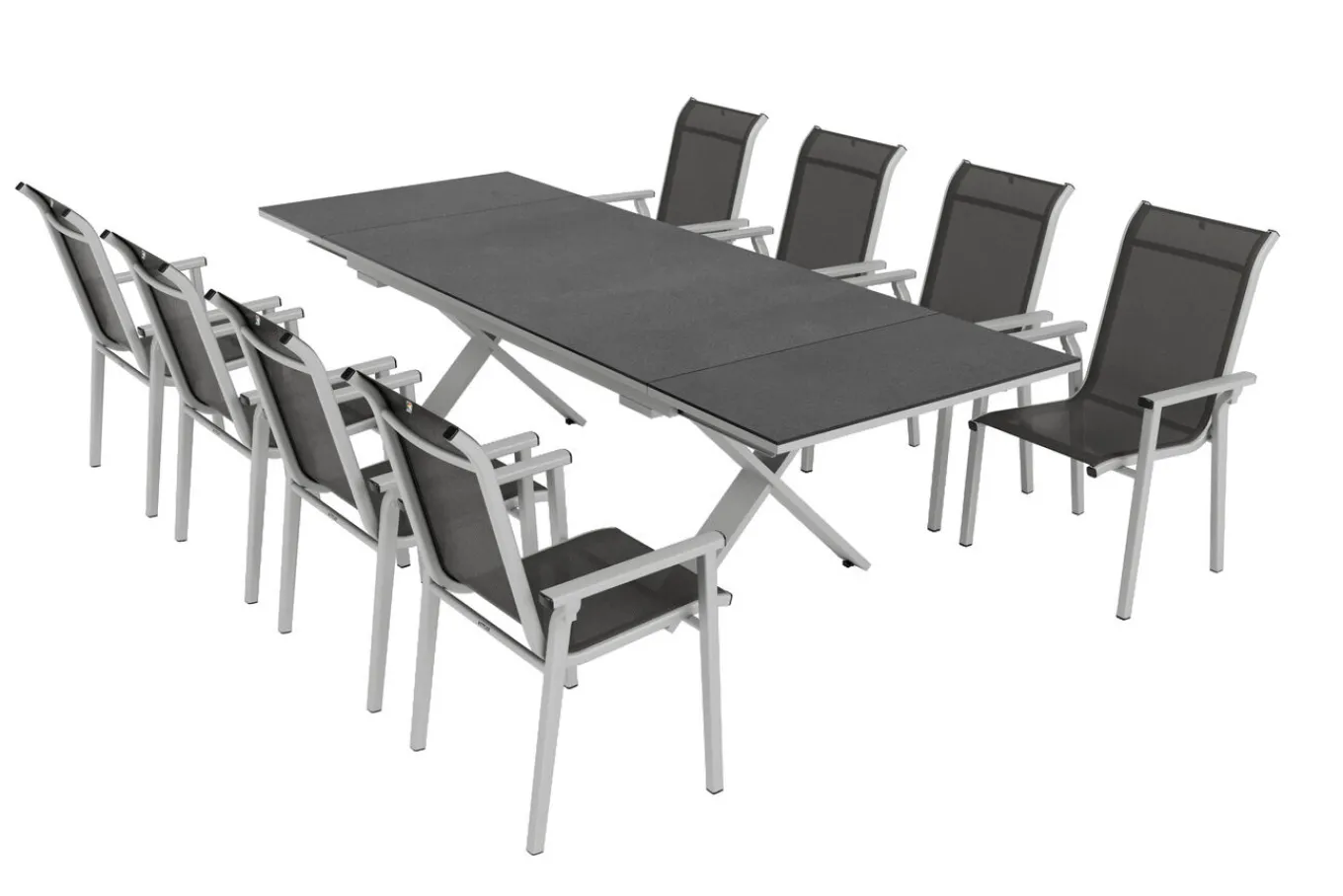 Sale BasicPlus Pro Garten-Essgruppe, silber/anthrazit, Alu/Textilene, ausziehbarer Tisch 180/280 x 100 cm, 8 Stapelsessel Garten-Essgruppen