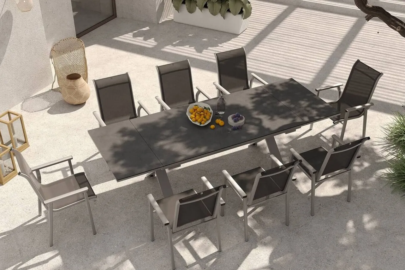Sale BasicPlus Pro Garten-Essgruppe, silber/anthrazit, Alu/Textilene, ausziehbarer Tisch 180/280 x 100 cm, 8 Stapelsessel Garten-Essgruppen