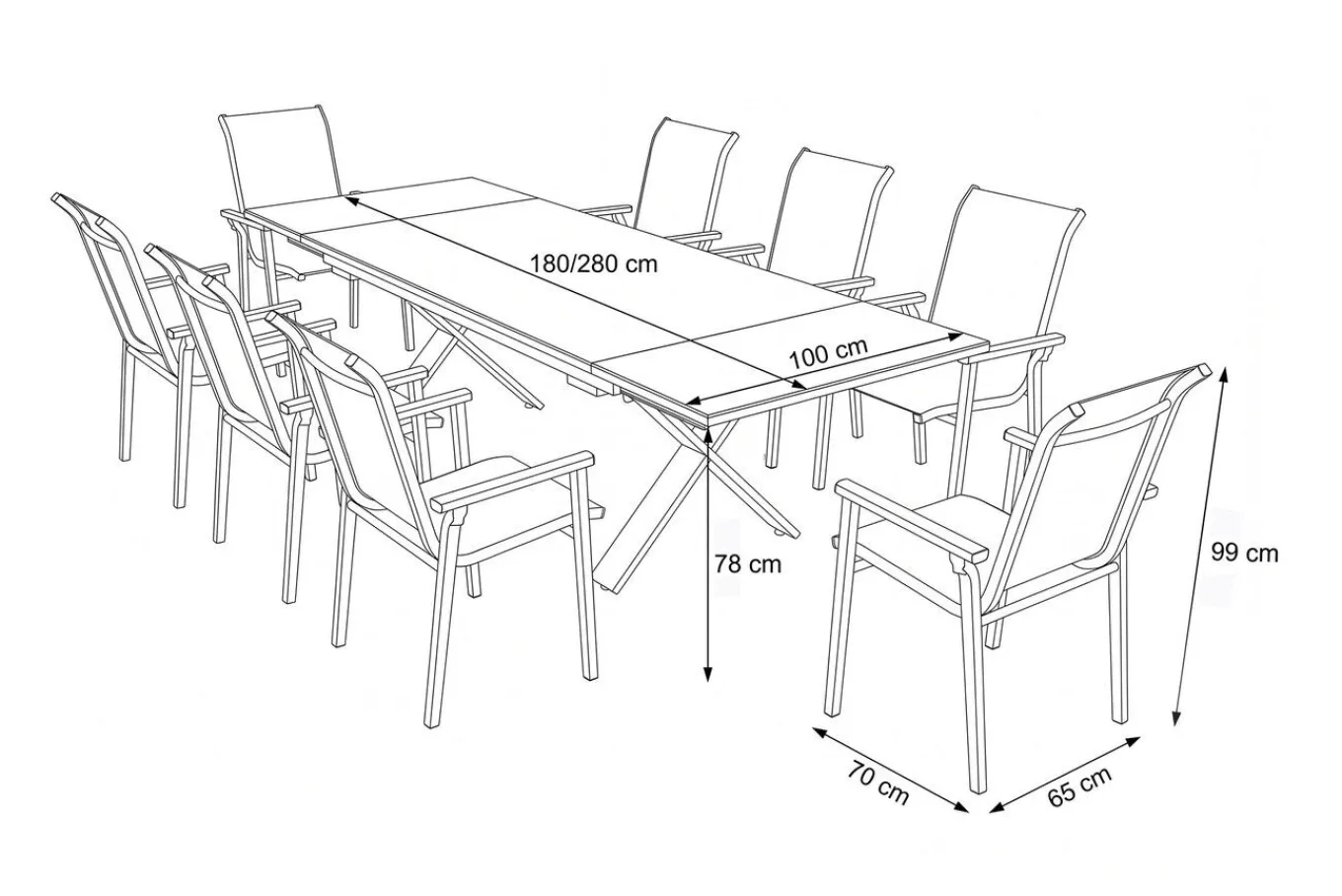 Sale BasicPlus Pro Garten-Essgruppe, silber/anthrazit, Alu/Textilene, ausziehbarer Tisch 180/280 x 100 cm, 8 Stapelsessel Garten-Essgruppen