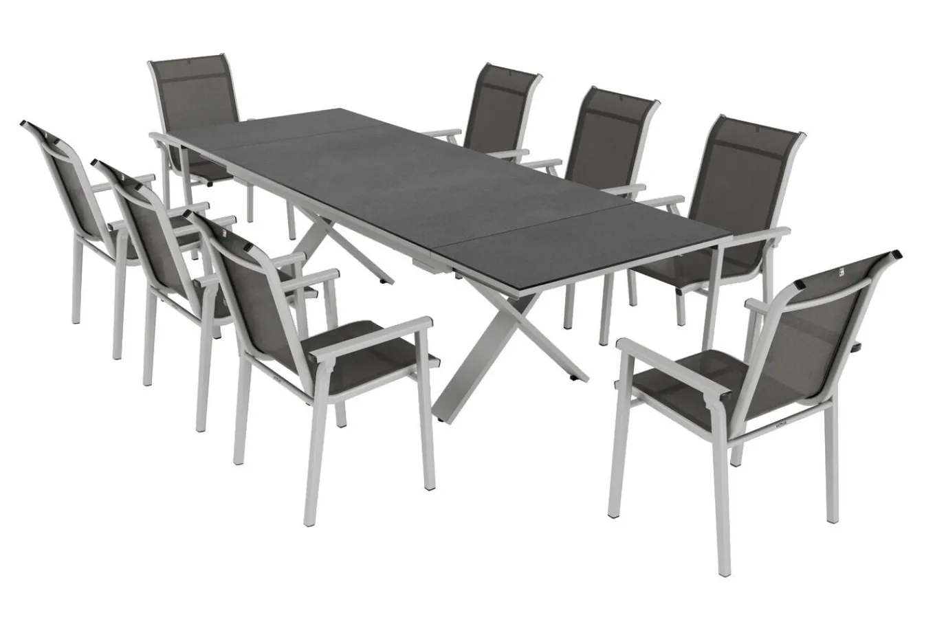Sale BasicPlus Pro Garten-Essgruppe, silber/anthrazit, Alu/Textilene, ausziehbarer Tisch 180/280 x 100 cm, 8 Stapelsessel Garten-Essgruppen