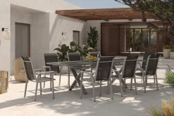 Sale BasicPlus Pro Garten-Essgruppe, silber/anthrazit, Alu/Textilene, ausziehbarer Tisch 180/280 x 100 cm, 8 Stapelsessel Garten-Essgruppen