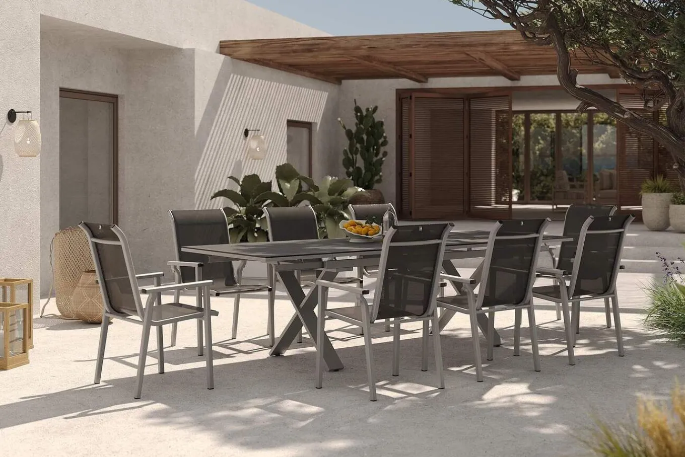 Sale BasicPlus Pro Garten-Essgruppe, silber/anthrazit, Alu/Textilene, ausziehbarer Tisch 180/280 x 100 cm, 8 Stapelsessel Garten-Essgruppen