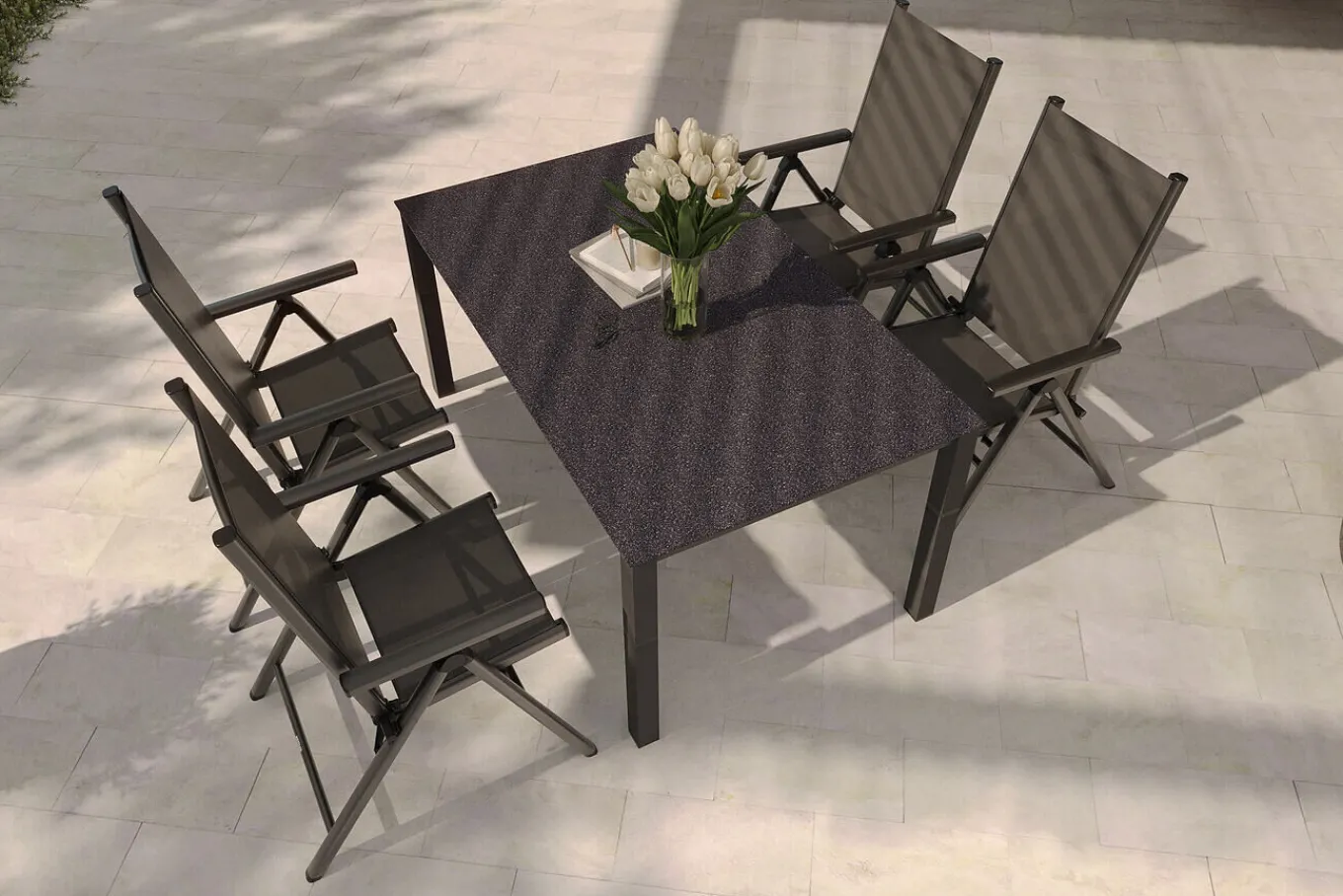 Sale BasicPlus Pro Garten-Essgruppe, anthrazit, Alu/Textilene, Tisch 160 x 95 cm, 4 Klappstühle Garten-Essgruppen