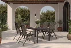 Sale BasicPlus Pro Garten-Essgruppe, anthrazit, Alu/Textilene, Tisch 160 x 95 cm, 4 Klappstühle Garten-Essgruppen