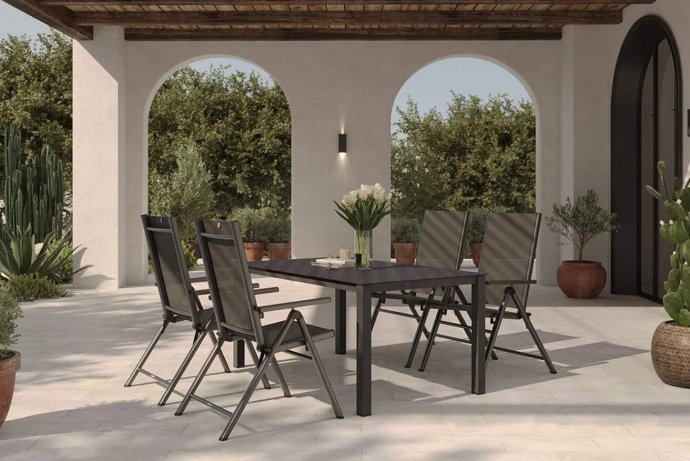 Sale BasicPlus Pro Garten-Essgruppe, anthrazit, Alu/Textilene, Tisch 160 x 95 cm, 4 Klappstühle Garten-Essgruppen