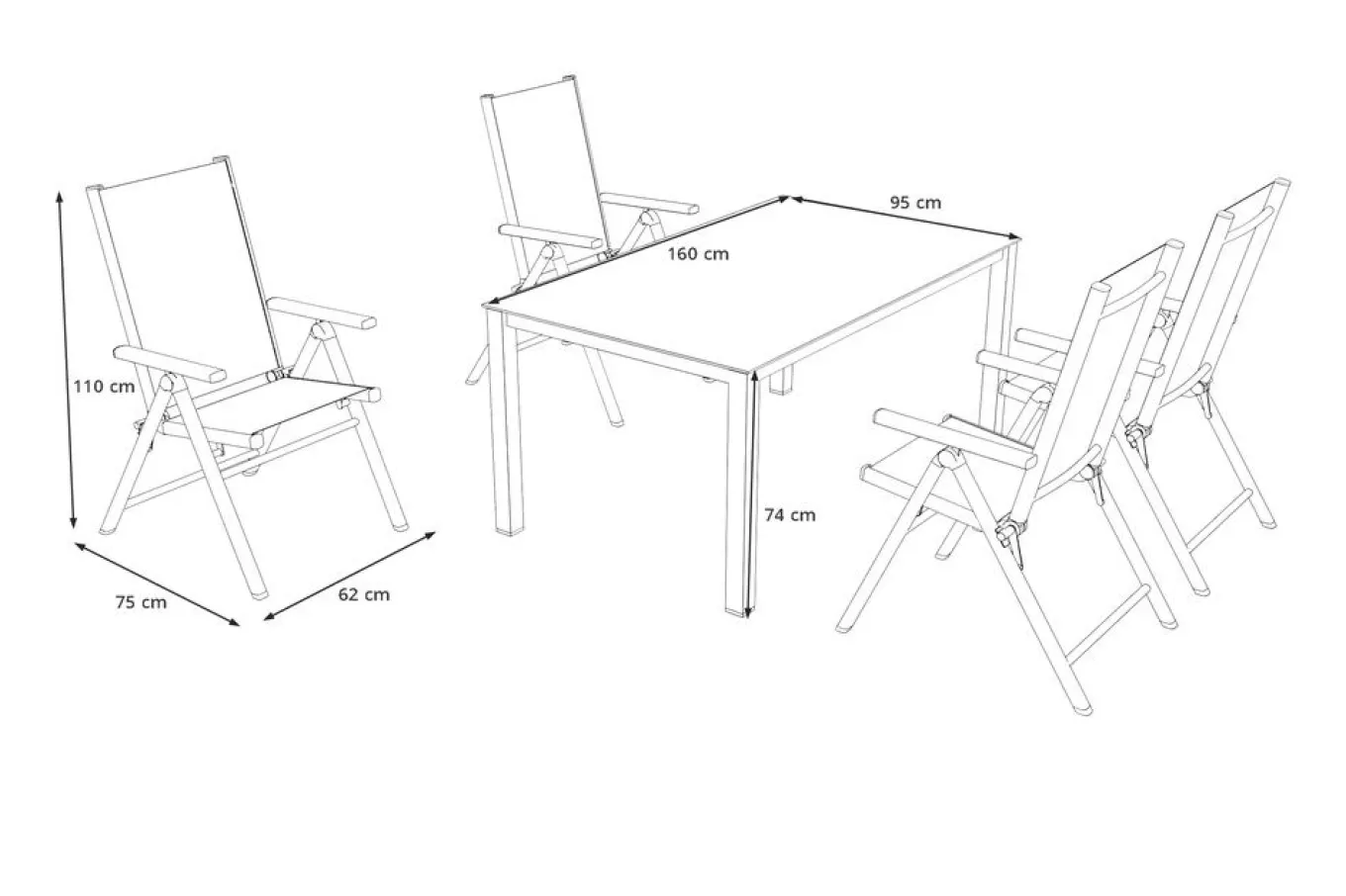 Sale BasicPlus Pro Garten-Essgruppe, anthrazit, Alu/Textilene, Tisch 160 x 95 cm, 4 Klappstühle Garten-Essgruppen