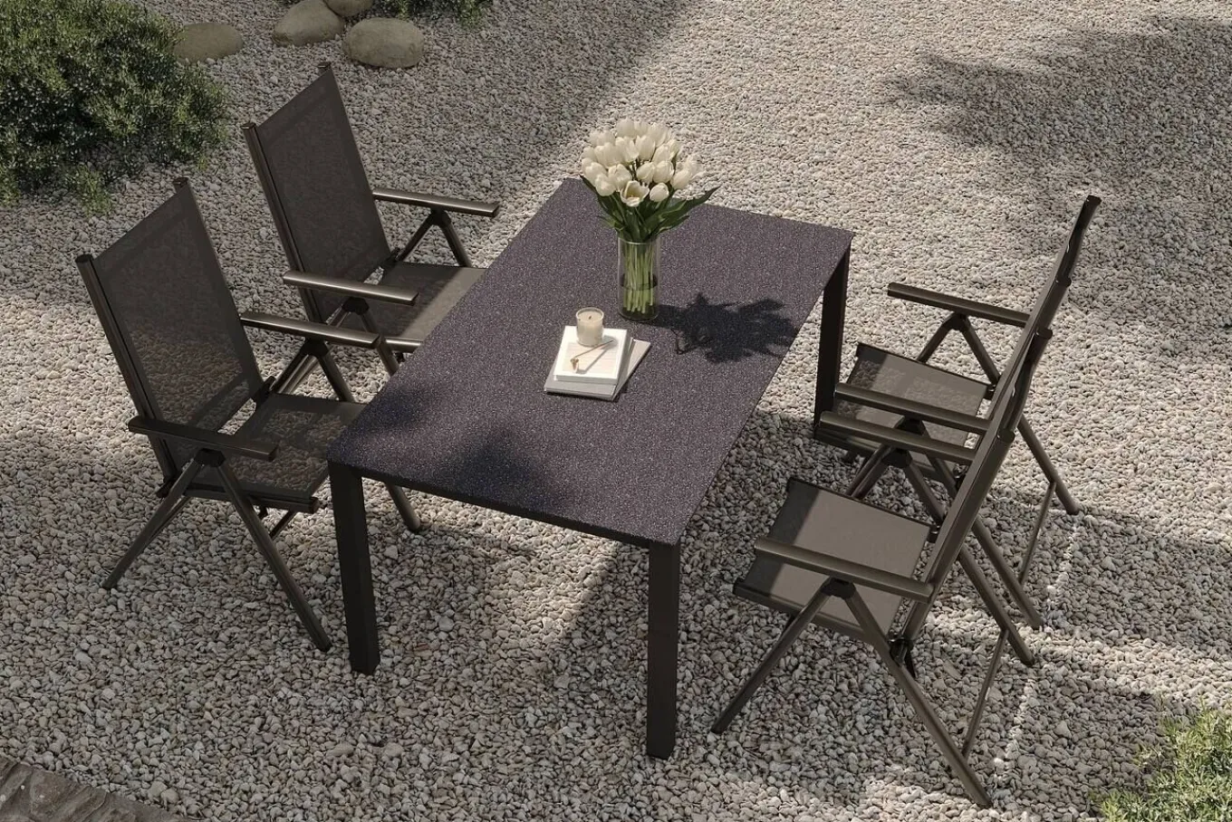Sale BasicPlus Pro Garten-Essgruppe, anthrazit, Alu/Textilene, Tisch 160 x 95 cm, 4 Klappstühle Garten-Essgruppen