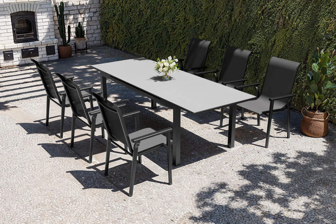 Outlet BasicPlus Pro Garten-Essgruppe, anthrazit, Alu/Textilene, Tisch 180/240 x 90 cm, 6 Stapelsessel Garten-Essgruppen
