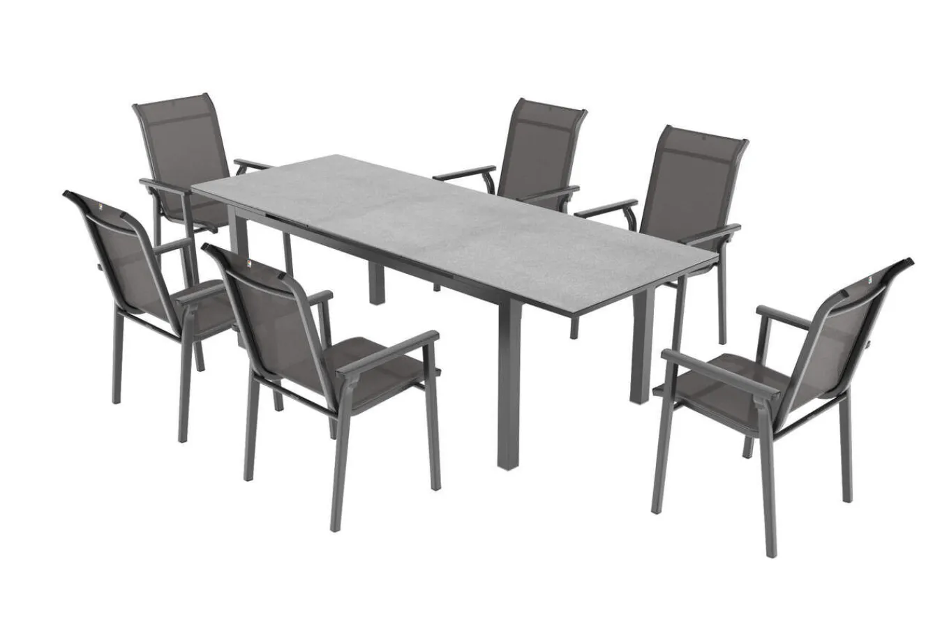 Outlet BasicPlus Pro Garten-Essgruppe, anthrazit, Alu/Textilene, Tisch 180/240 x 90 cm, 6 Stapelsessel Garten-Essgruppen