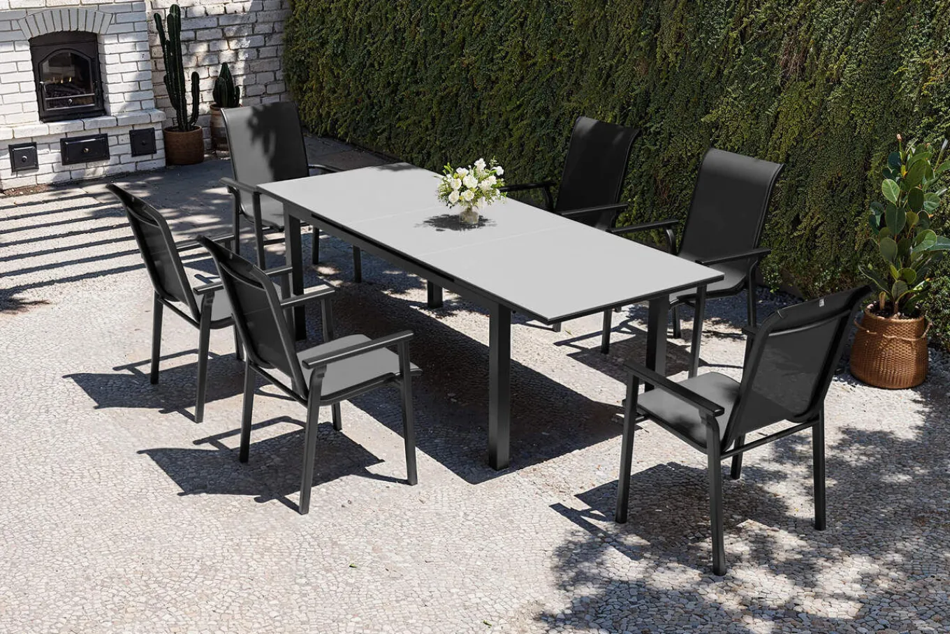 Outlet BasicPlus Pro Garten-Essgruppe, anthrazit, Alu/Textilene, Tisch 180/240 x 90 cm, 6 Stapelsessel Garten-Essgruppen