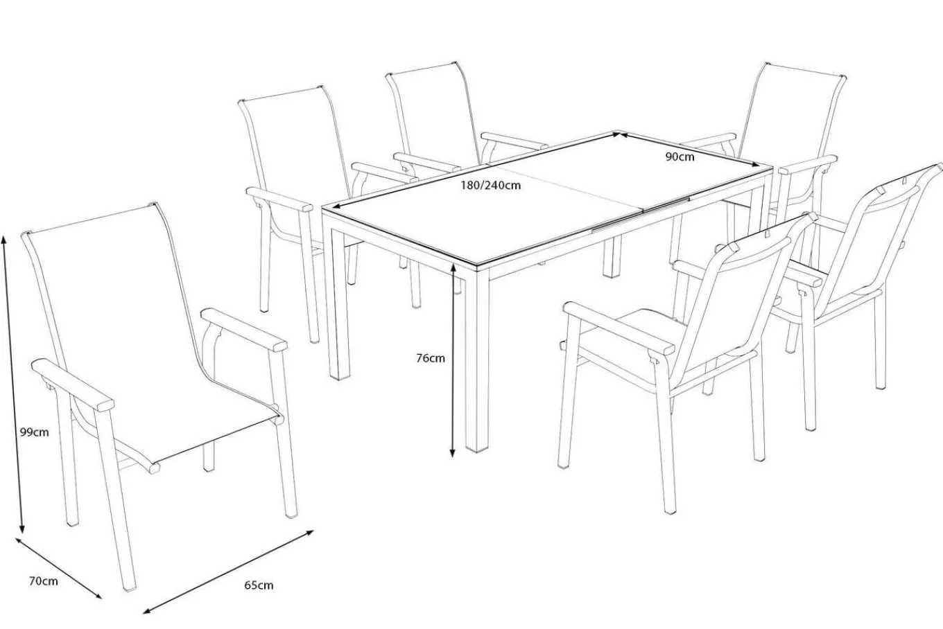 Outlet BasicPlus Pro Garten-Essgruppe, anthrazit, Alu/Textilene, Tisch 180/240 x 90 cm, 6 Stapelsessel Garten-Essgruppen