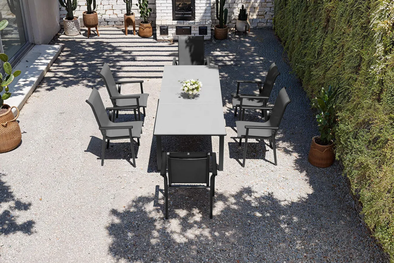 Outlet BasicPlus Pro Garten-Essgruppe, anthrazit, Alu/Textilene, Tisch 180/240 x 90 cm, 6 Stapelsessel Garten-Essgruppen