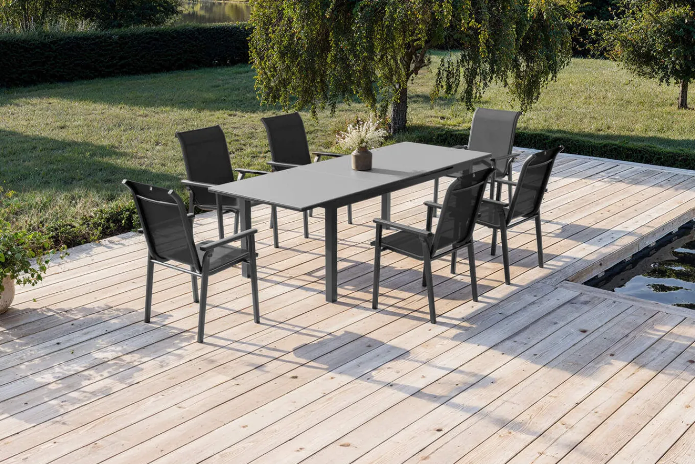 Outlet BasicPlus Pro Garten-Essgruppe, anthrazit, Alu/Textilene, Tisch 180/240 x 90 cm, 6 Stapelsessel Garten-Essgruppen