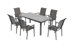 Outlet BasicPlus Pro Garten-Essgruppe, anthrazit, Alu/Textilene, Tisch 180/240 x 90 cm, 6 Stapelsessel Garten-Essgruppen