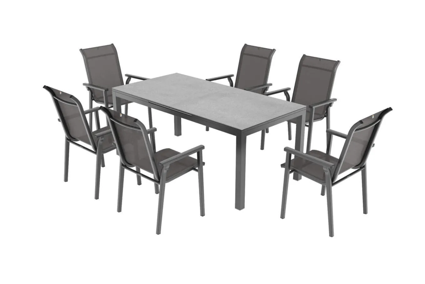 Outlet BasicPlus Pro Garten-Essgruppe, anthrazit, Alu/Textilene, Tisch 180/240 x 90 cm, 6 Stapelsessel Garten-Essgruppen