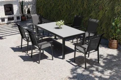 Outlet BasicPlus Pro Garten-Essgruppe, anthrazit, Alu/Textilene, Tisch 180/240 x 90 cm, 6 Stapelsessel Garten-Essgruppen