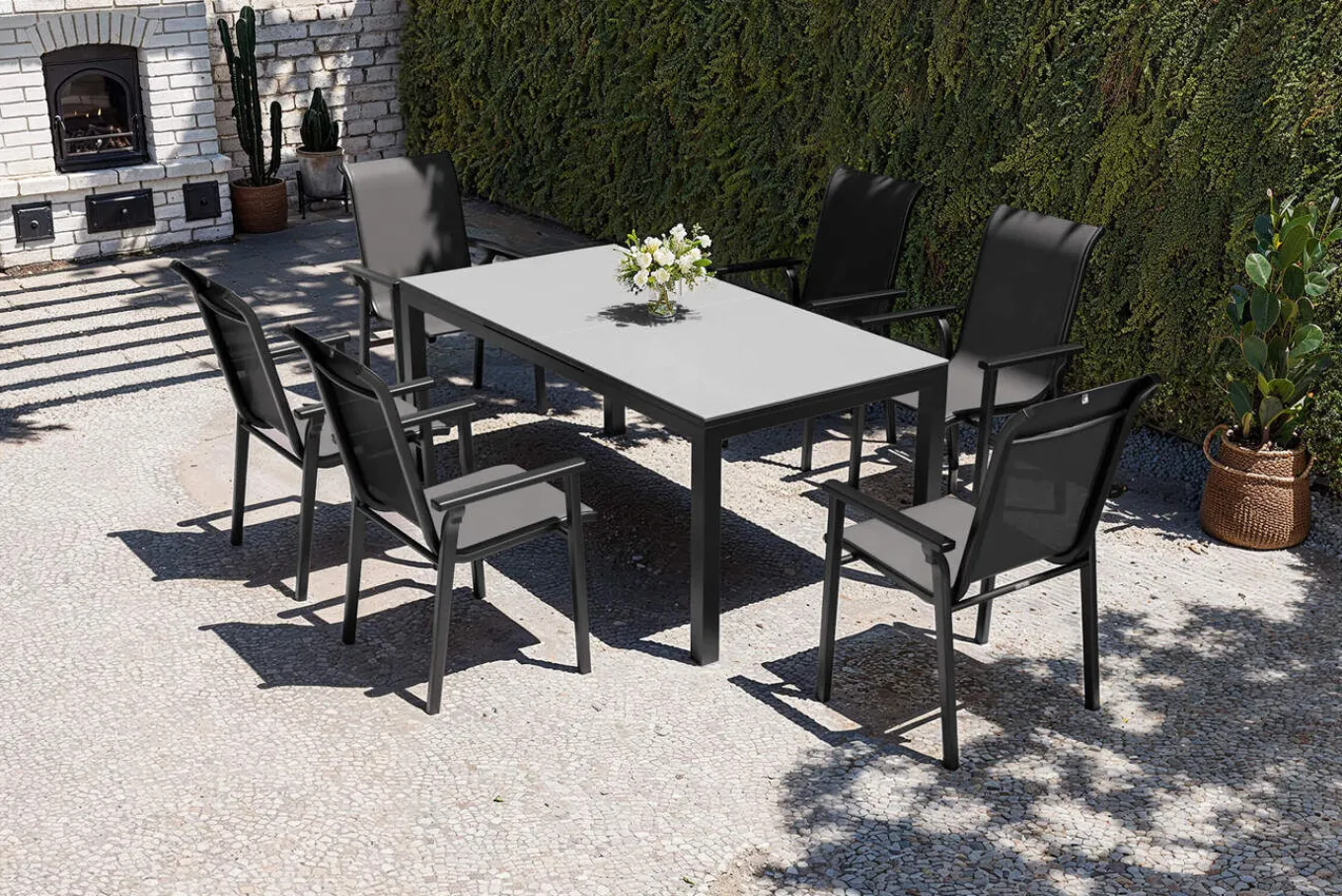 Outlet BasicPlus Pro Garten-Essgruppe, anthrazit, Alu/Textilene, Tisch 180/240 x 90 cm, 6 Stapelsessel Garten-Essgruppen