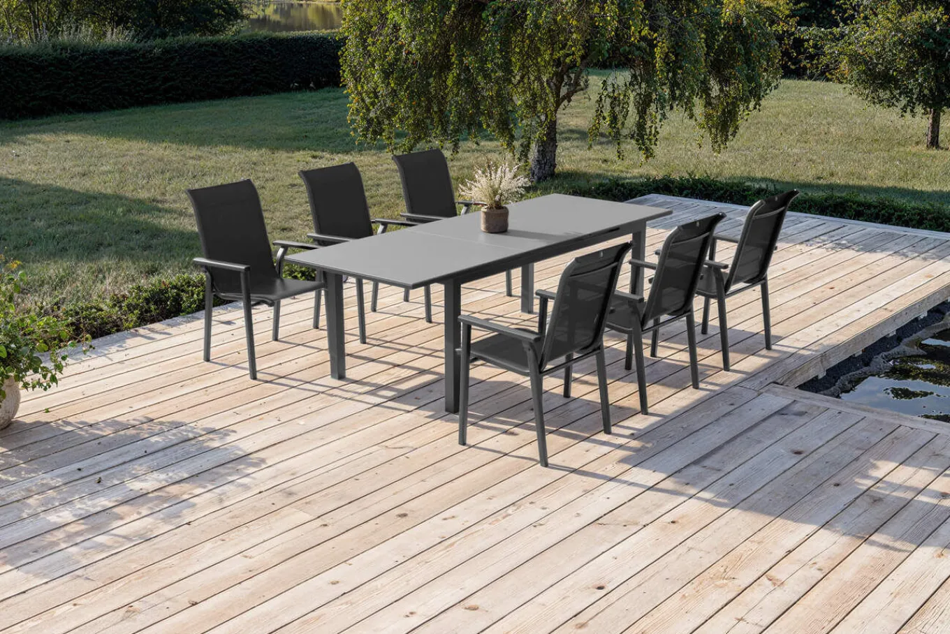 Outlet BasicPlus Pro Garten-Essgruppe, anthrazit, Alu/Textilene, Tisch 180/240 x 90 cm, 6 Stapelsessel Garten-Essgruppen
