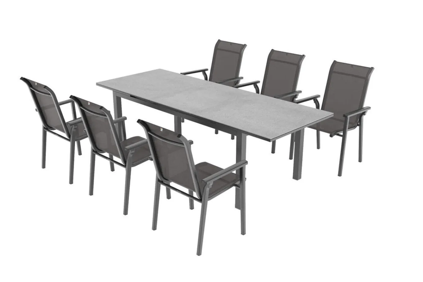 Outlet BasicPlus Pro Garten-Essgruppe, anthrazit, Alu/Textilene, Tisch 180/240 x 90 cm, 6 Stapelsessel Garten-Essgruppen