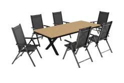 New BasicPlus Pro Garten-Essgruppe mit LED-Beleuchtung, anthrazit/natur, Alu/Holzimitat, 240 x 100 cm, 6 Klappstühle Garten-Essgruppen|Aluminium-Gartenmöbel
