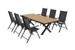 New BasicPlus Pro Garten-Essgruppe mit LED-Beleuchtung, anthrazit/natur, Alu/Holzimitat, 240 x 100 cm, 6 Klappstühle Garten-Essgruppen|Aluminium-Gartenmöbel