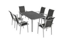 Sale BasicPlus Pro Garten-Essgruppe, silber/anthrazit, Alu/Textilene, Esstisch 160 x 95 cm, 6 Stapelsessel Garten-Essgruppen
