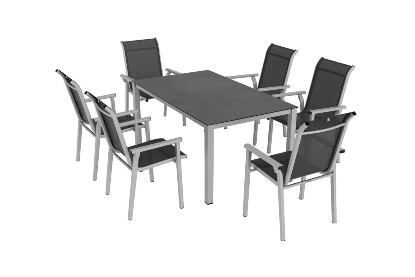 Sale BasicPlus Pro Garten-Essgruppe, silber/anthrazit, Alu/Textilene, Esstisch 160 x 95 cm, 6 Stapelsessel Garten-Essgruppen