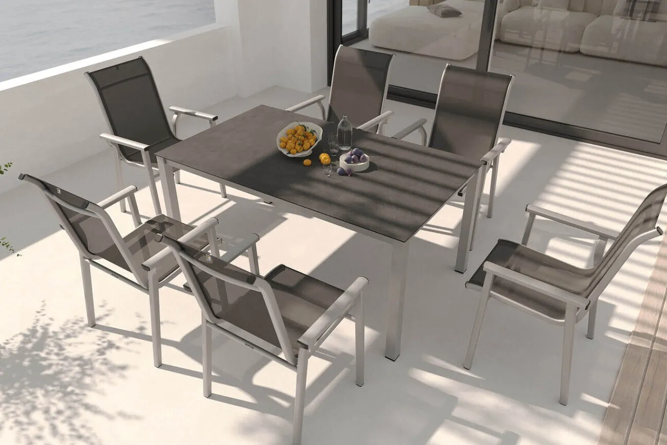 Sale BasicPlus Pro Garten-Essgruppe, silber/anthrazit, Alu/Textilene, Esstisch 160 x 95 cm, 6 Stapelsessel Garten-Essgruppen