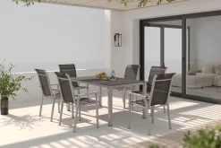 Sale BasicPlus Pro Garten-Essgruppe, silber/anthrazit, Alu/Textilene, Esstisch 160 x 95 cm, 6 Stapelsessel Garten-Essgruppen