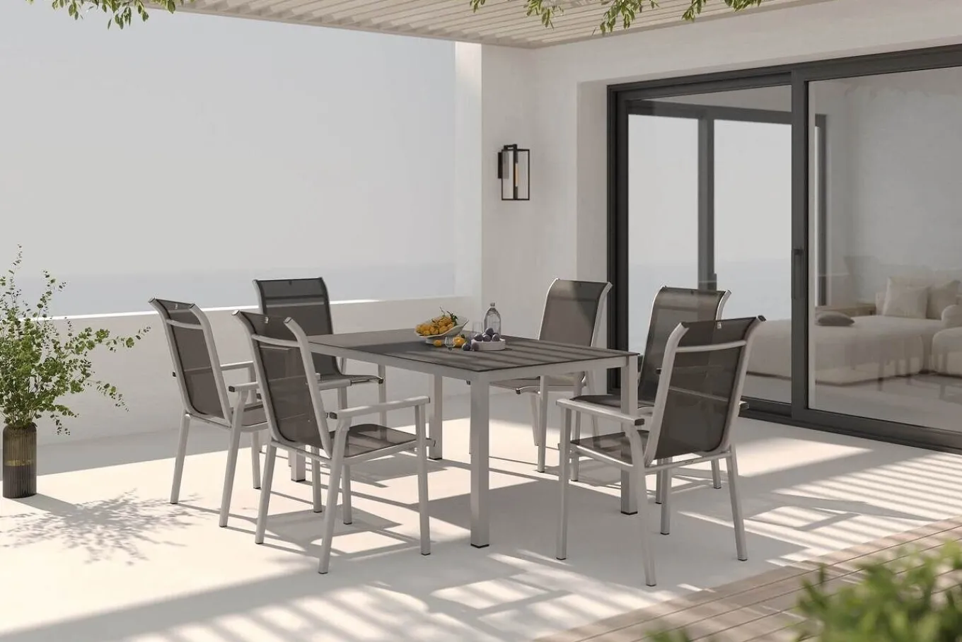 Sale BasicPlus Pro Garten-Essgruppe, silber/anthrazit, Alu/Textilene, Esstisch 160 x 95 cm, 6 Stapelsessel Garten-Essgruppen