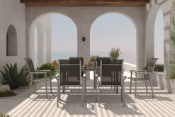 Sale BasicPlus Pro Garten-Essgruppe, silber/anthrazit, Alu/Textilene, Esstisch 160 x 95 cm, 6 Stapelsessel Garten-Essgruppen