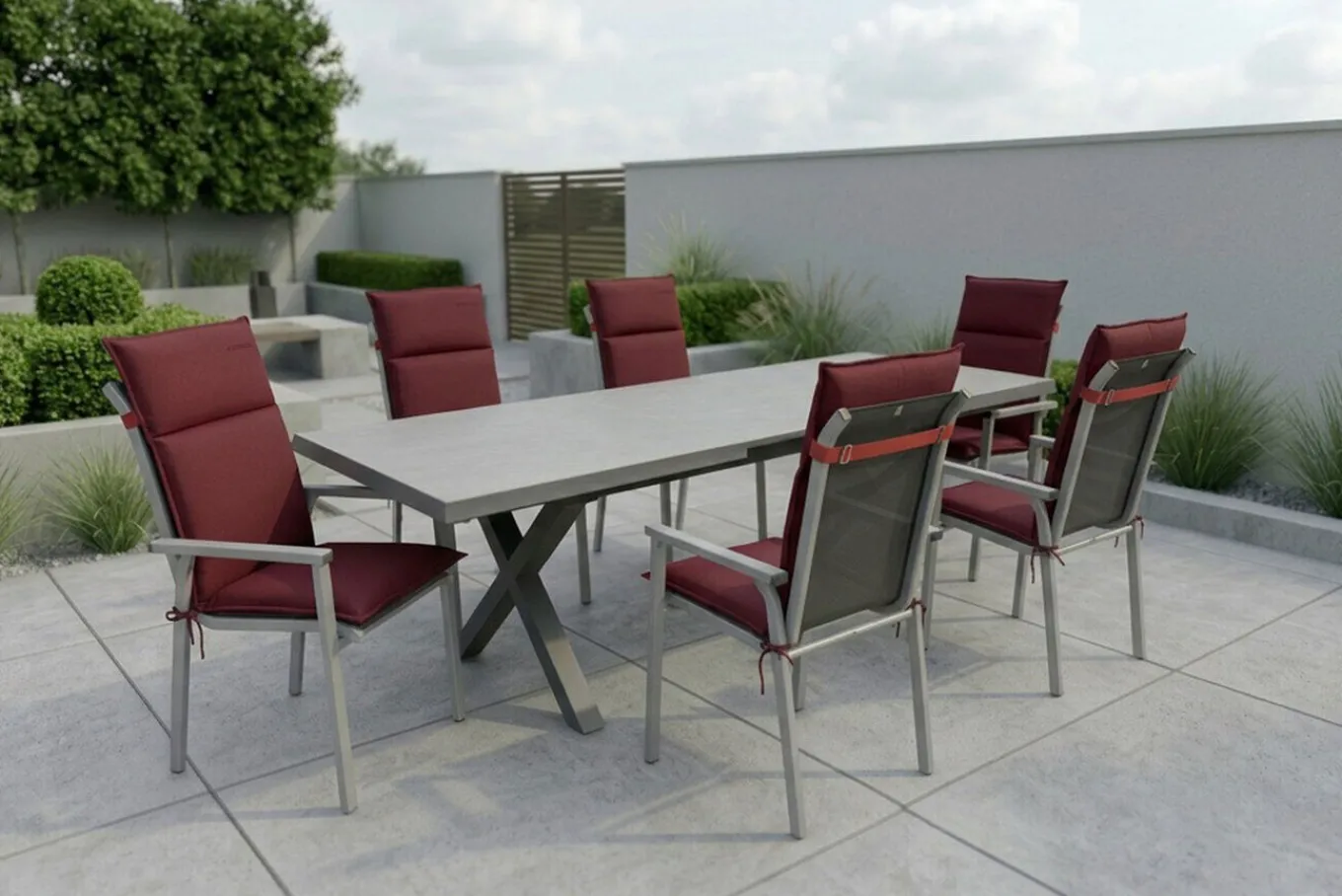 Sale BasicPlus Pro Garten-Essgruppe, silber/bordeaux, Alu/Steinimitat/Polyester, 200/260 x 100 cm, 6 Stapelsessel, Polster inklusive Garten-Essgruppen|Aluminium-Gartenmöbel
