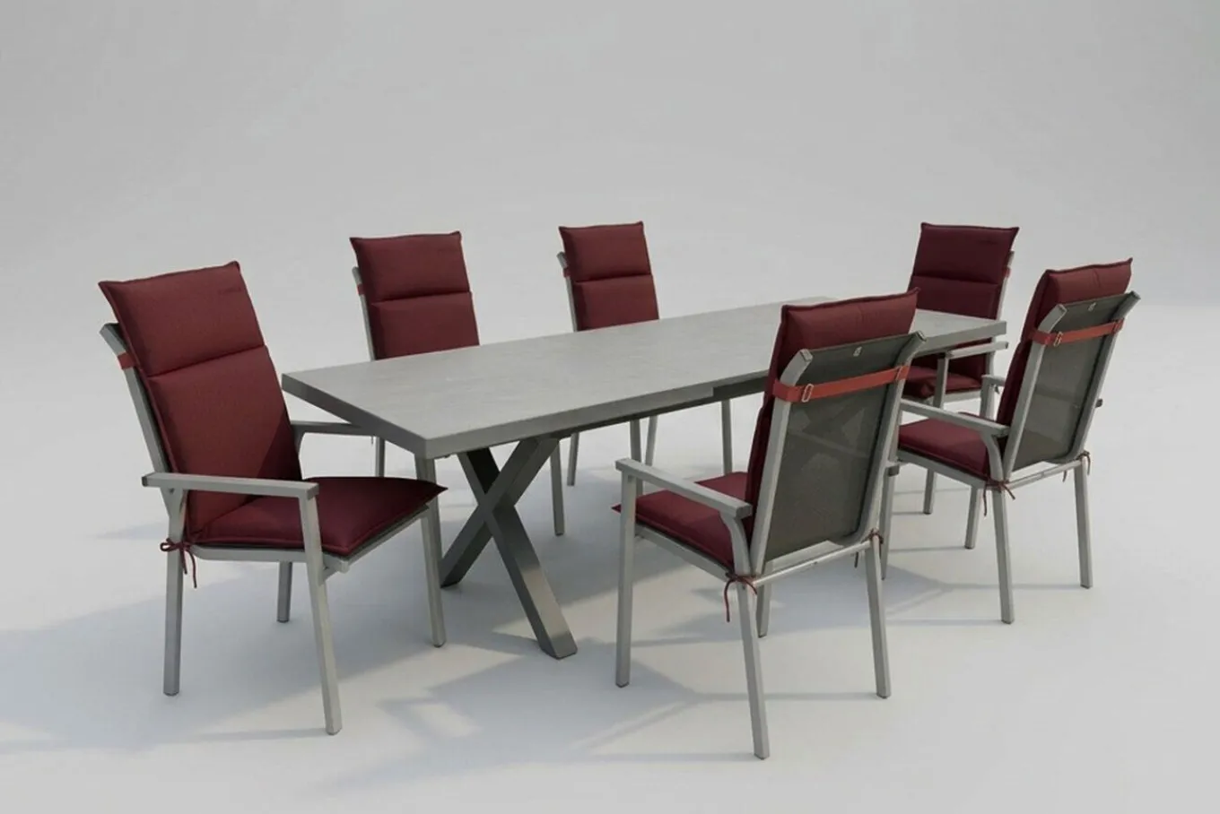Sale BasicPlus Pro Garten-Essgruppe, silber/bordeaux, Alu/Steinimitat/Polyester, 200/260 x 100 cm, 6 Stapelsessel, Polster inklusive Garten-Essgruppen|Aluminium-Gartenmöbel