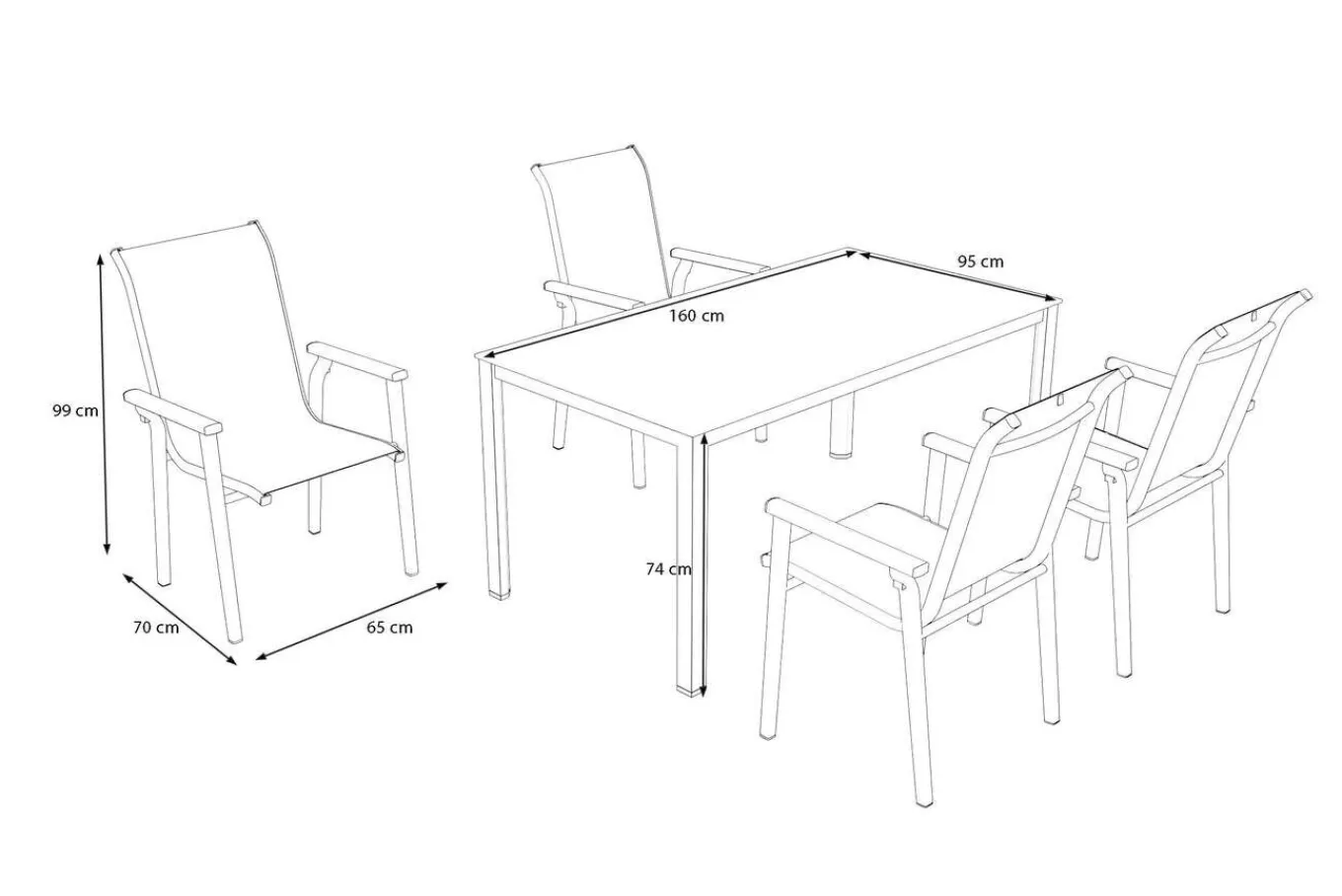 Outlet BasicPlus Pro Garten-Essgruppe, silber/anthrazit, Alu/Textilene, Esstisch 160 x 95 cm, 4 Stapelsessel Garten-Essgruppen