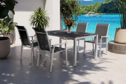Outlet BasicPlus Pro Garten-Essgruppe, silber/anthrazit, Alu/Textilene, Esstisch 160 x 95 cm, 4 Stapelsessel Garten-Essgruppen