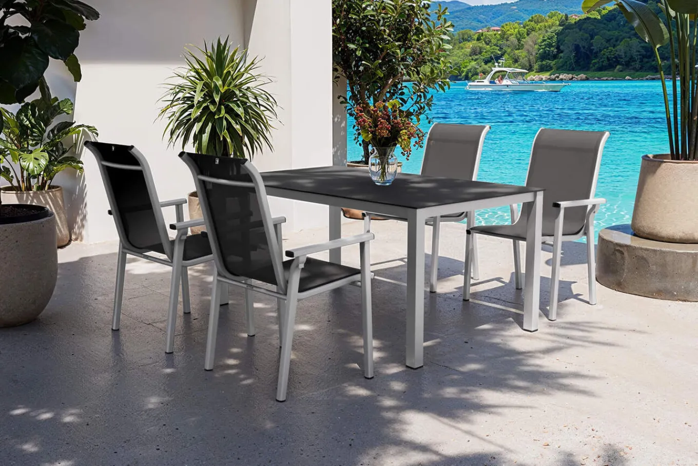 Outlet BasicPlus Pro Garten-Essgruppe, silber/anthrazit, Alu/Textilene, Esstisch 160 x 95 cm, 4 Stapelsessel Garten-Essgruppen