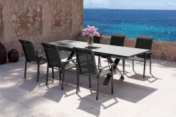 Online BasicPlus Pro Garten-Essgruppe, anthrazit, Alu/Textilene/Spraystone, Tisch 180/280 x 100 cm, 6 Stapelsessel Garten-Essgruppen