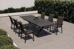 Online BasicPlus Pro Garten-Essgruppe, anthrazit, Alu/Textilene/Spraystone, Tisch 180/280 x 100 cm, 6 Stapelsessel Garten-Essgruppen