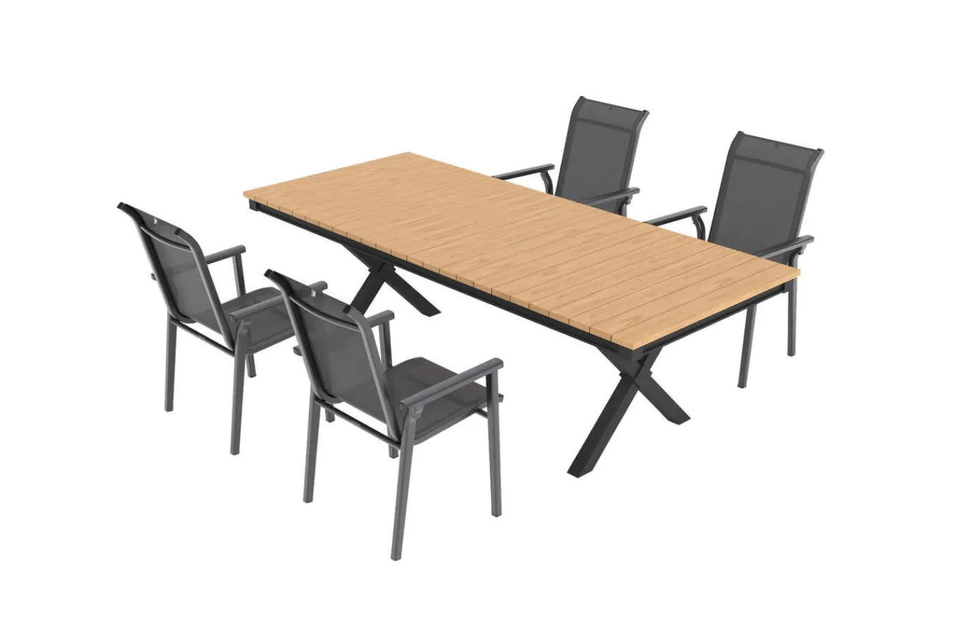 Discount BasicPlus Pro Garten-Essgruppe, anthrazit/natur, Alu/Holzimitat, LED-Beleuchtung, Tischplatte 240 x 100 cm, 4 Stapelsessel Garten-Essgruppen