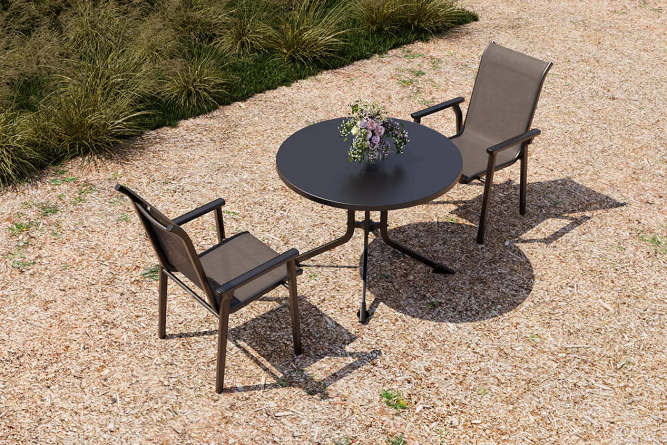 BasicPlus Pro Garten-Essgruppe, anthrazit, Aluminium/Textilene/KETTALUX, Ø 100 x 74 cm, 2 Stapelsessel Garten-Essgruppen