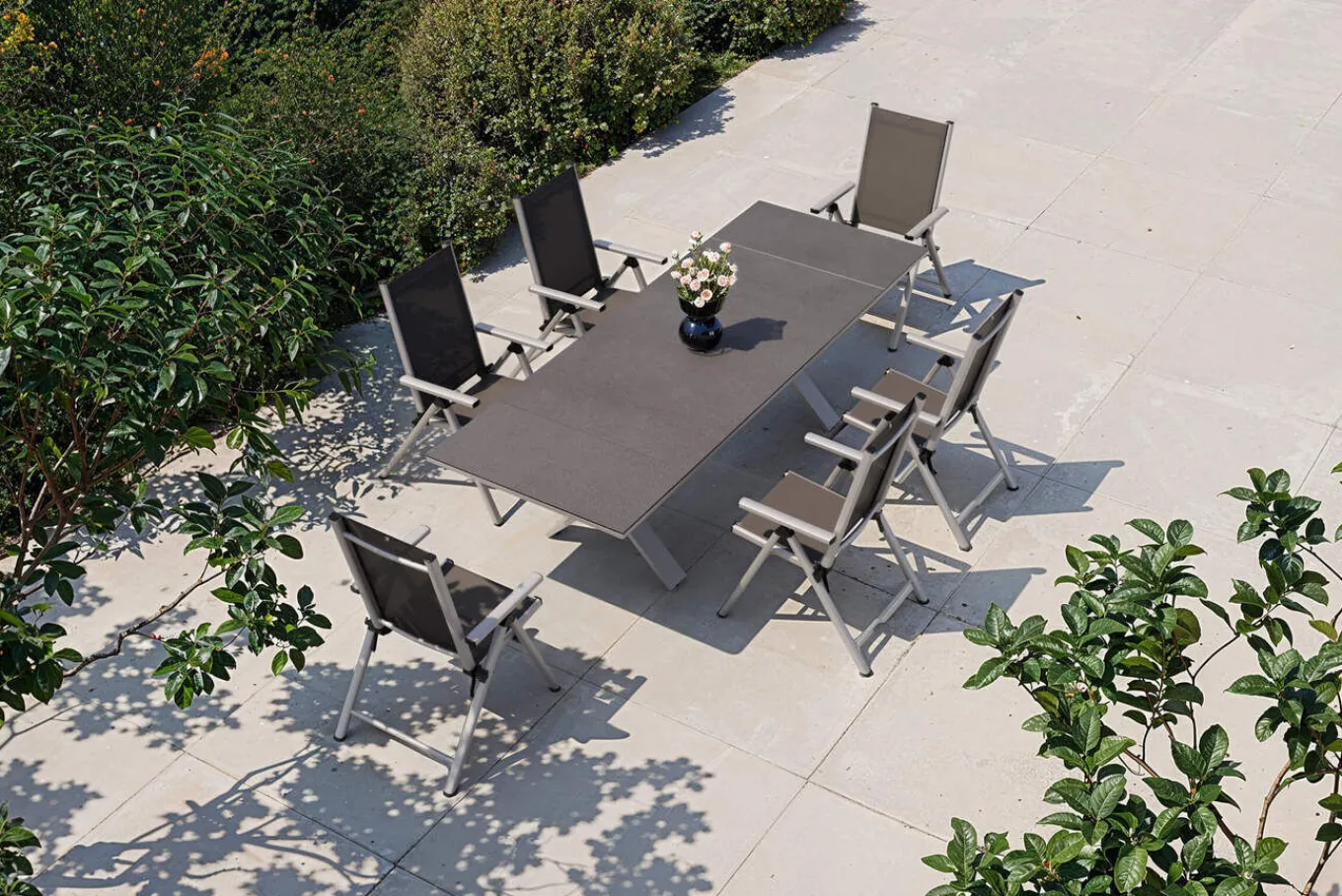 Discount BasicPlus Pro Garten-Essgruppe, silber/anthrazit, Alu/Textilene/Spraystone, 180/280 x 100 cm, 6 Klappstühle Garten-Essgruppen
