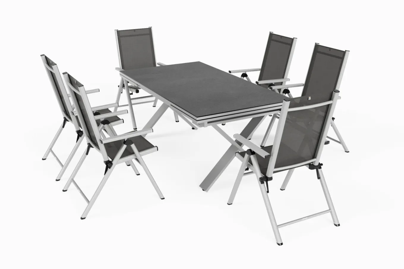 Discount BasicPlus Pro Garten-Essgruppe, silber/anthrazit, Alu/Textilene/Spraystone, 180/280 x 100 cm, 6 Klappstühle Garten-Essgruppen