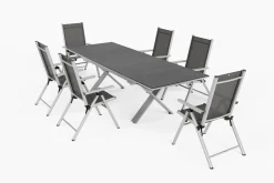 Discount BasicPlus Pro Garten-Essgruppe, silber/anthrazit, Alu/Textilene/Spraystone, 180/280 x 100 cm, 6 Klappstühle Garten-Essgruppen