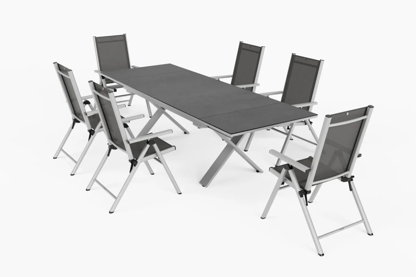Discount BasicPlus Pro Garten-Essgruppe, silber/anthrazit, Alu/Textilene/Spraystone, 180/280 x 100 cm, 6 Klappstühle Garten-Essgruppen