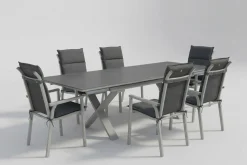Sale BasicPlus Pro Garten-Essgruppe, silber/anthrazit, Alu/Polyester/Spraystone, 180/280 x 100 cm, 6 Stapelsessel, inkl. Auflagen Garten-Essgruppen|Aluminium-Gartenmöbel