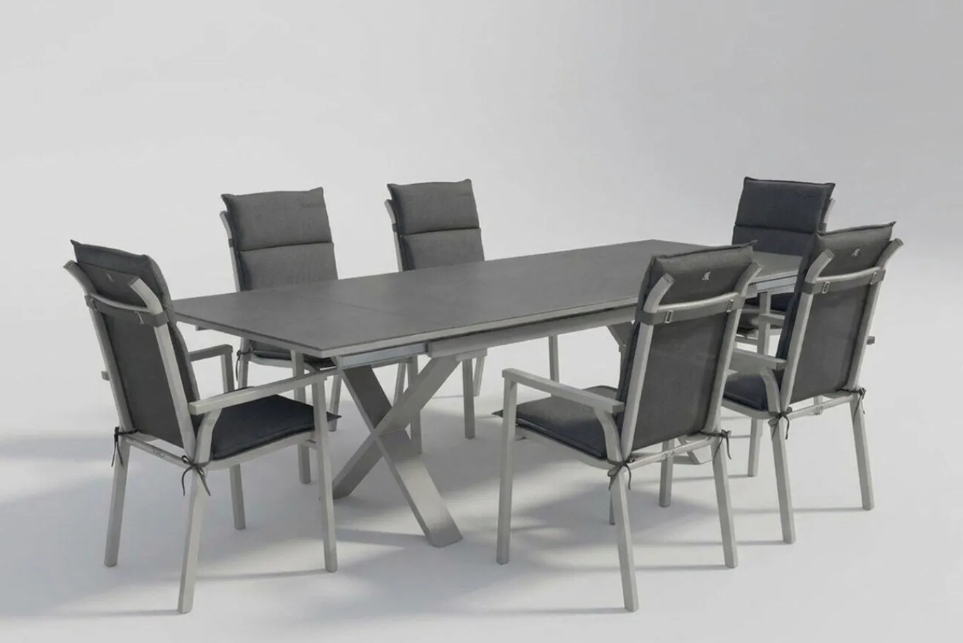 Sale BasicPlus Pro Garten-Essgruppe, silber/anthrazit, Alu/Polyester/Spraystone, 180/280 x 100 cm, 6 Stapelsessel, inkl. Auflagen Garten-Essgruppen|Aluminium-Gartenmöbel