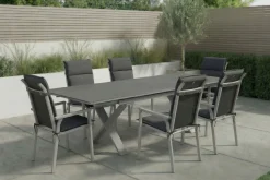 Sale BasicPlus Pro Garten-Essgruppe, silber/anthrazit, Alu/Polyester/Spraystone, 180/280 x 100 cm, 6 Stapelsessel, inkl. Auflagen Garten-Essgruppen|Aluminium-Gartenmöbel